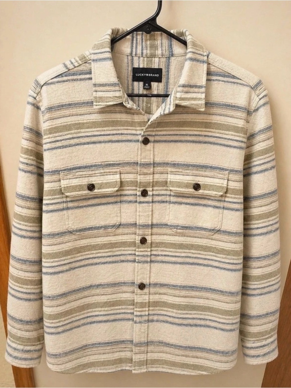 Lucky Brand Cream, Blue and Tan Striped Button-Up Shirt Jacket